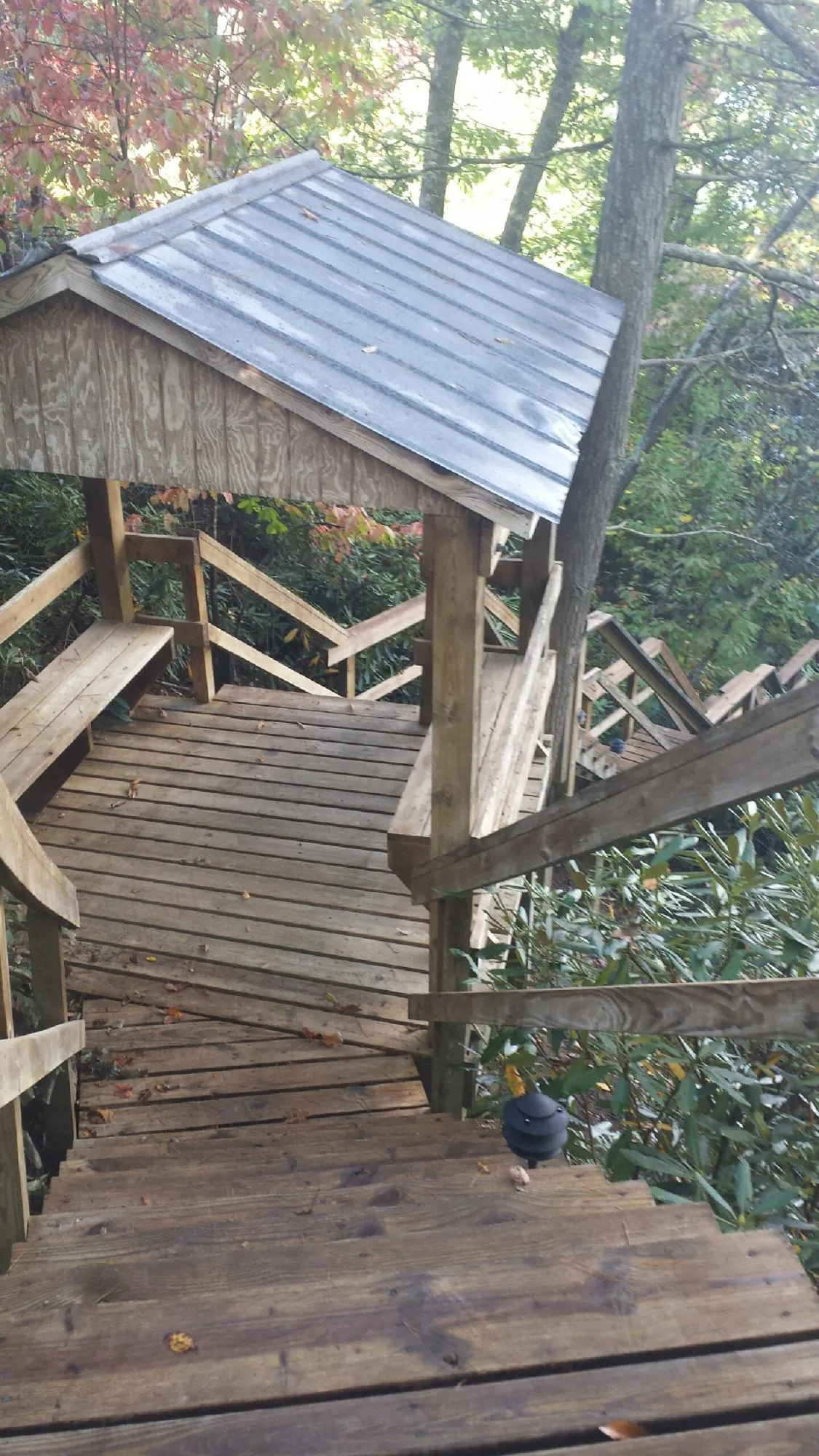 Metal roofed shelter over wooden steps on a wooded walkway — Skylight Repair & Installation work by our crew in Elk Creek